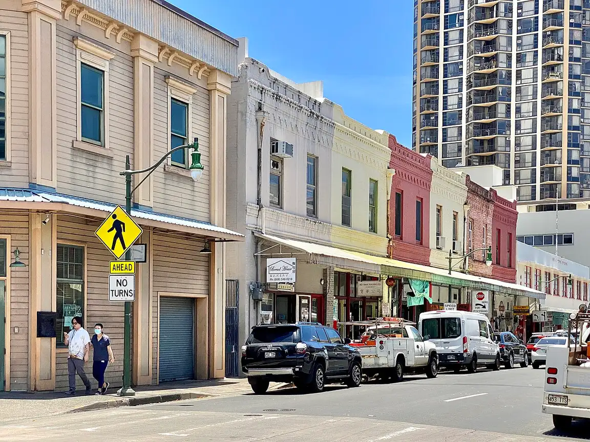 Storefronts and awnings along Hotel Street in Honolulu's Chinatown