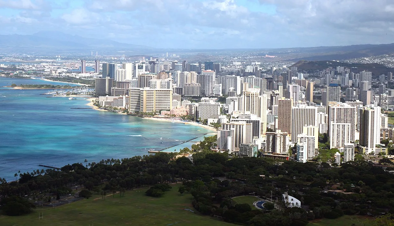 Waikiki Beach and the Honolulu hotel strip seen from the slope of Diamond Head
