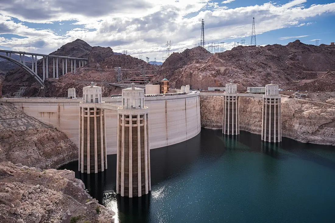 Hoover Dam intake towers on Lake Mead with the Memorial Bridge in the background