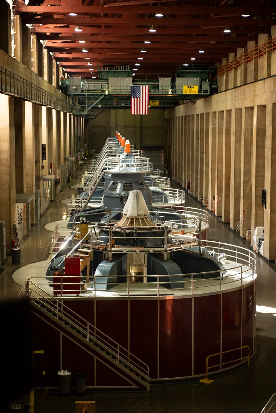 Generators lined up inside the Nevada powerhouse hall at Hoover Dam