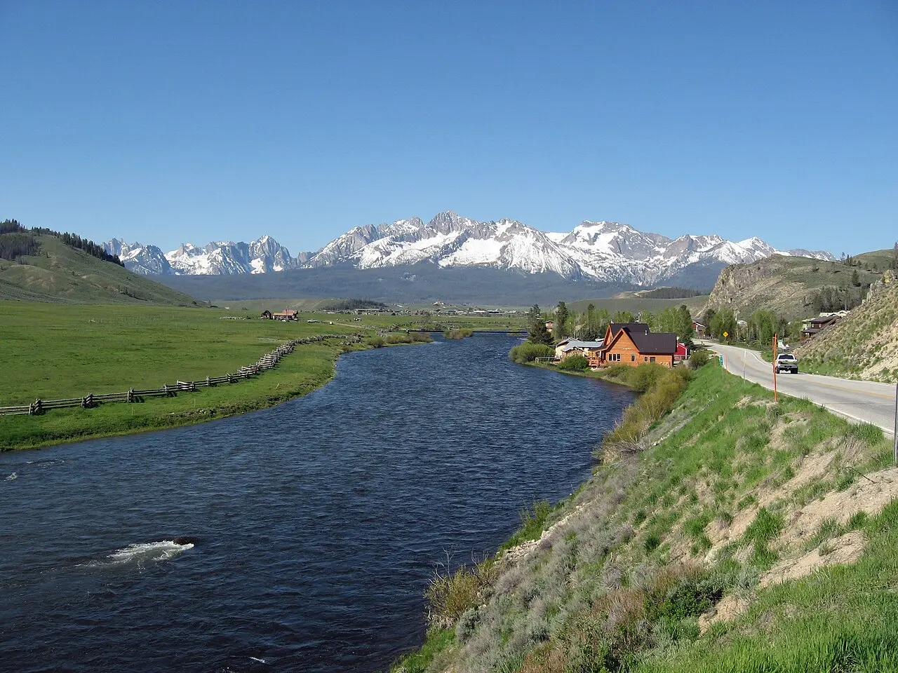 The Sawtooth Mountains rising above the Salmon River in central Idaho