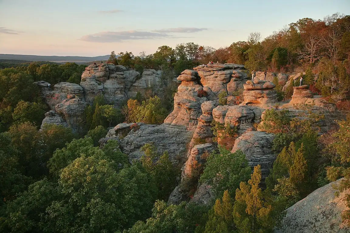 Sandstone rock formations at Garden of the Gods in the Shawnee National Forest at sunset