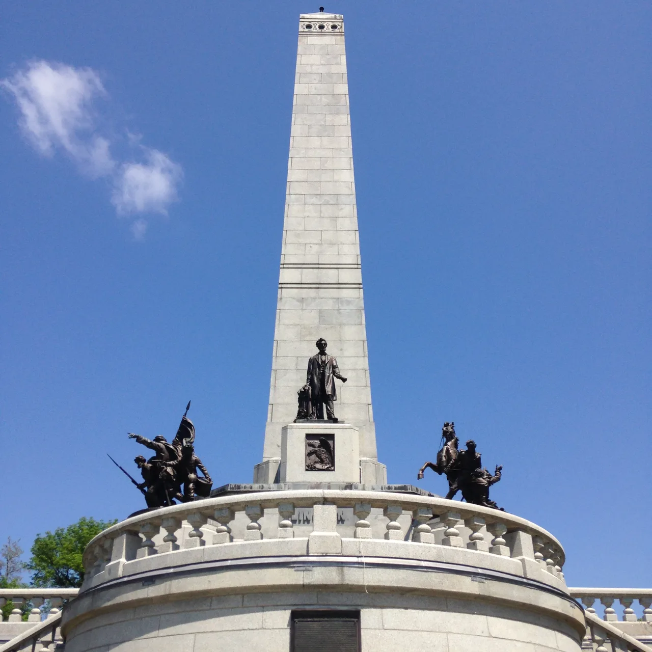 The obelisk and bronze statuary of Lincoln's Tomb at Oak Ridge Cemetery in Springfield
