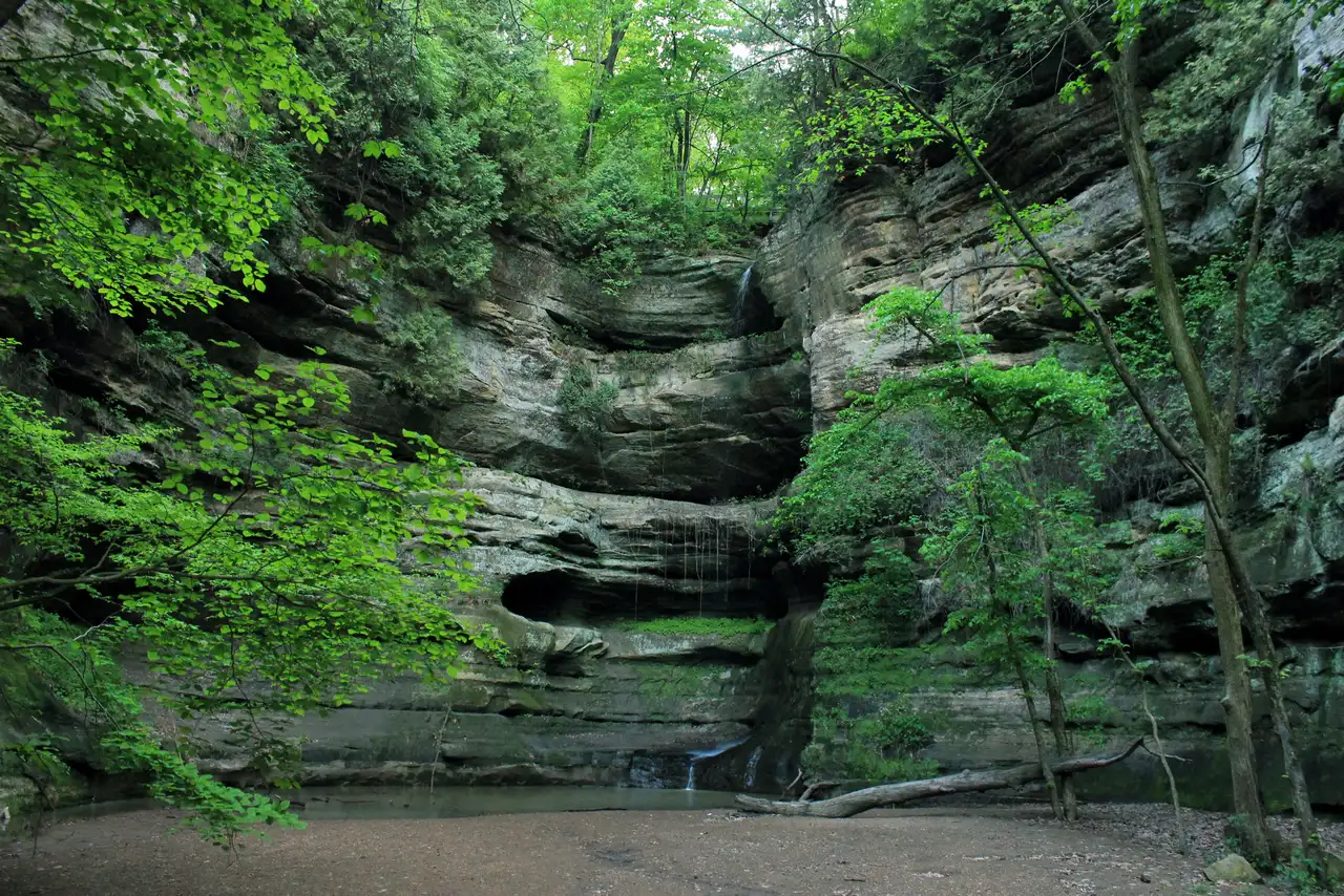 A waterfall dropping into a sandstone canyon at Starved Rock State Park in Illinois