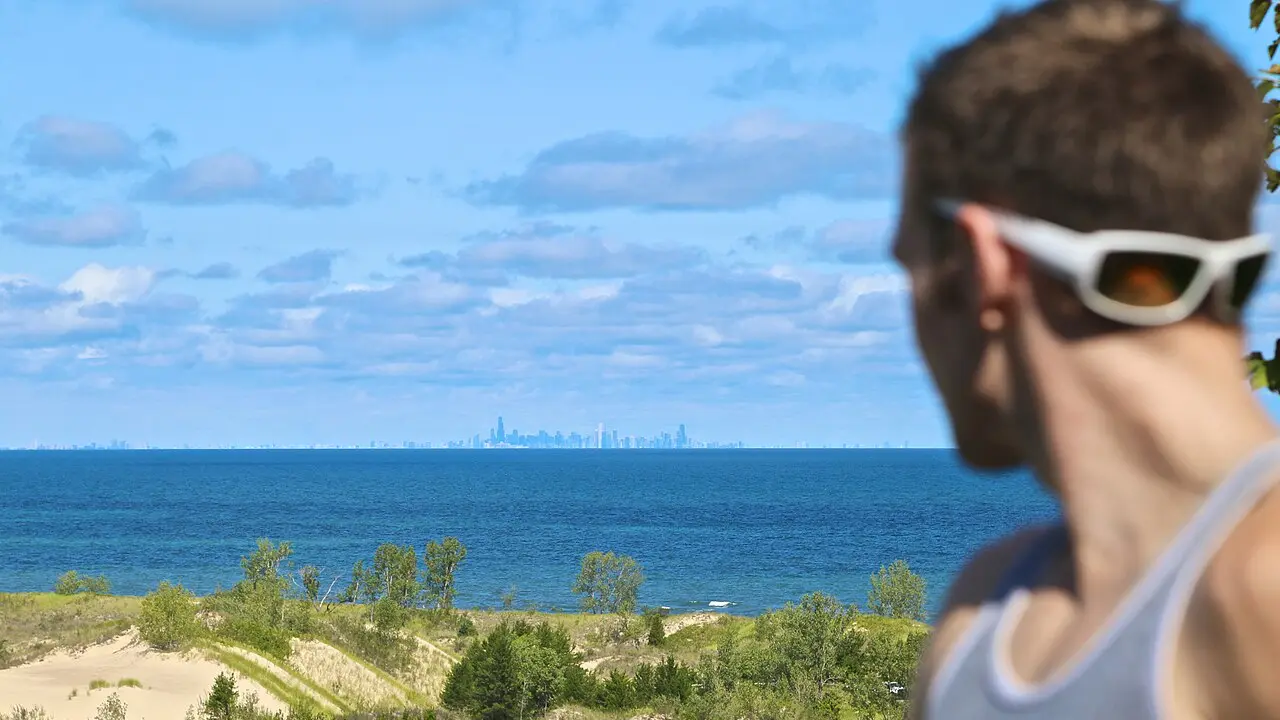 The Chicago skyline seen across Lake Michigan from West Beach at Indiana Dunes National Park