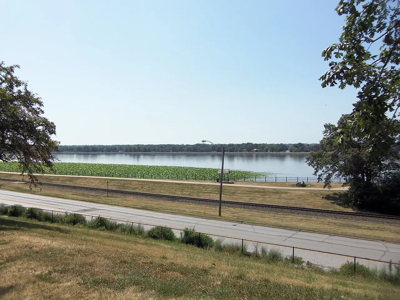 Mississippi riverfront walkway and park along the water in Davenport, Iowa