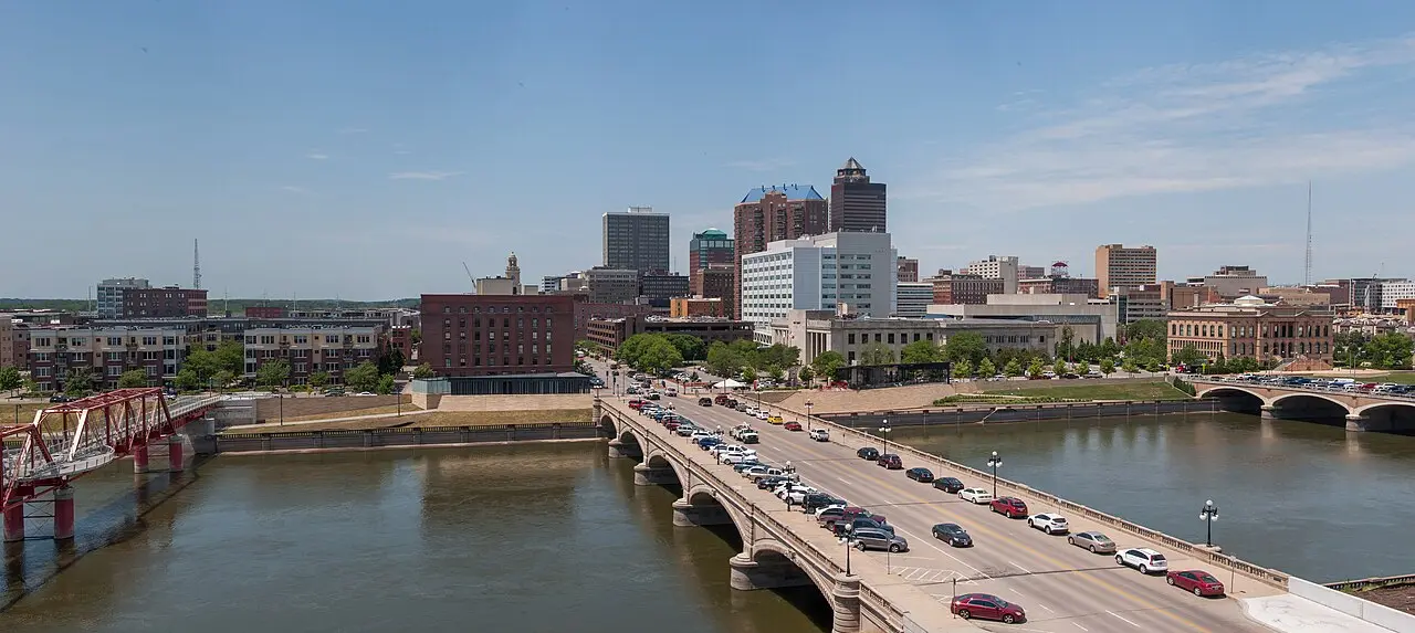 Wide view of the Des Moines skyline and river bridges
