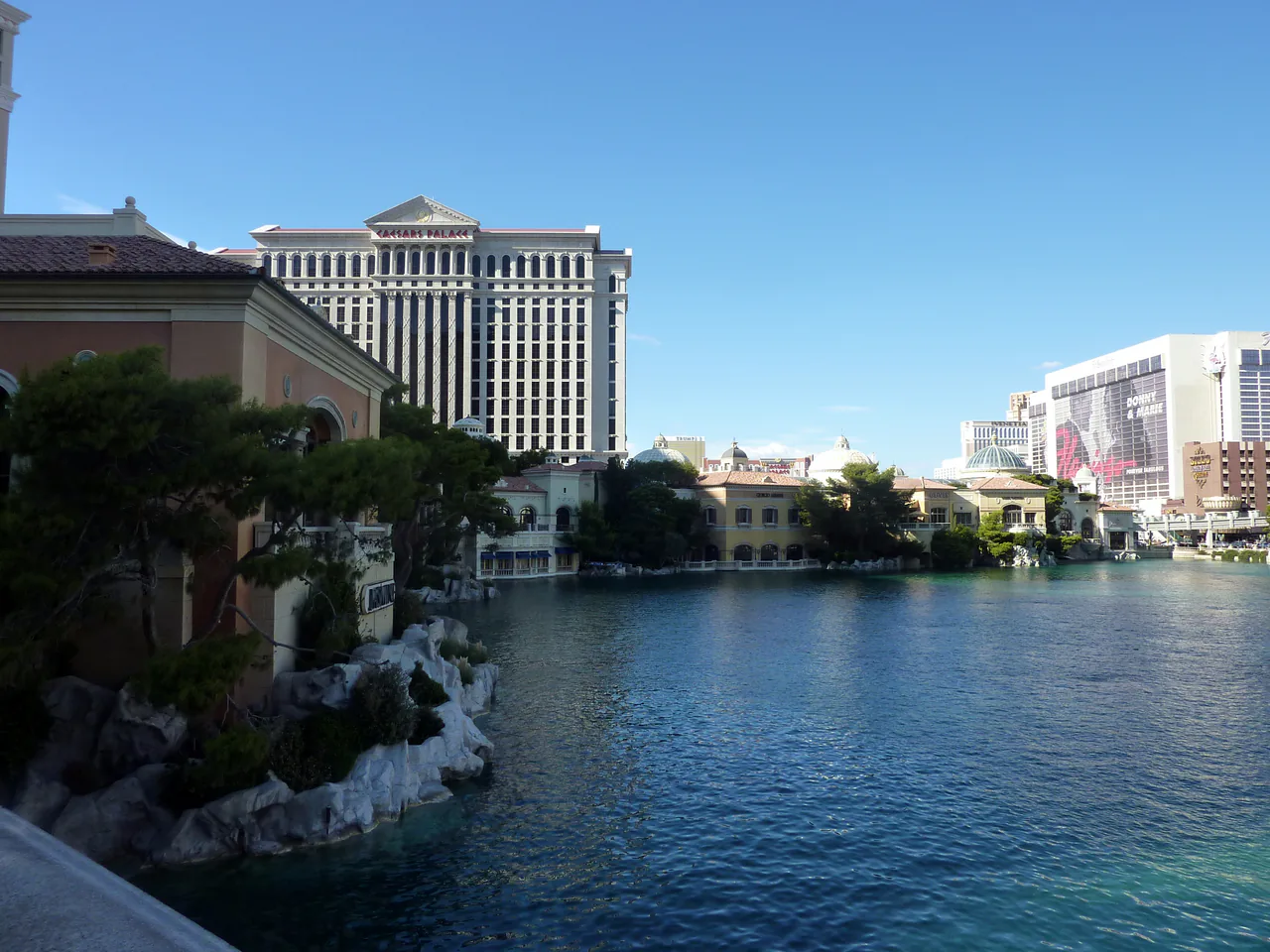 Water jets from the Fountains of Bellagio rising above the lake in front of the hotel