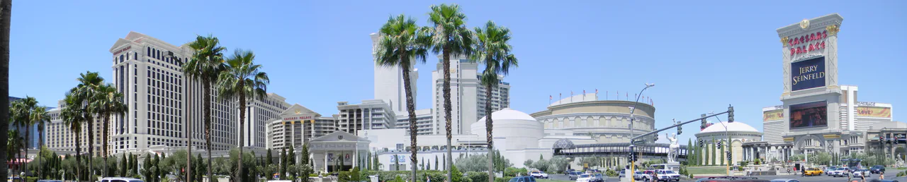 The columns, fountains and hotel towers of Caesars Palace seen from Las Vegas Boulevard