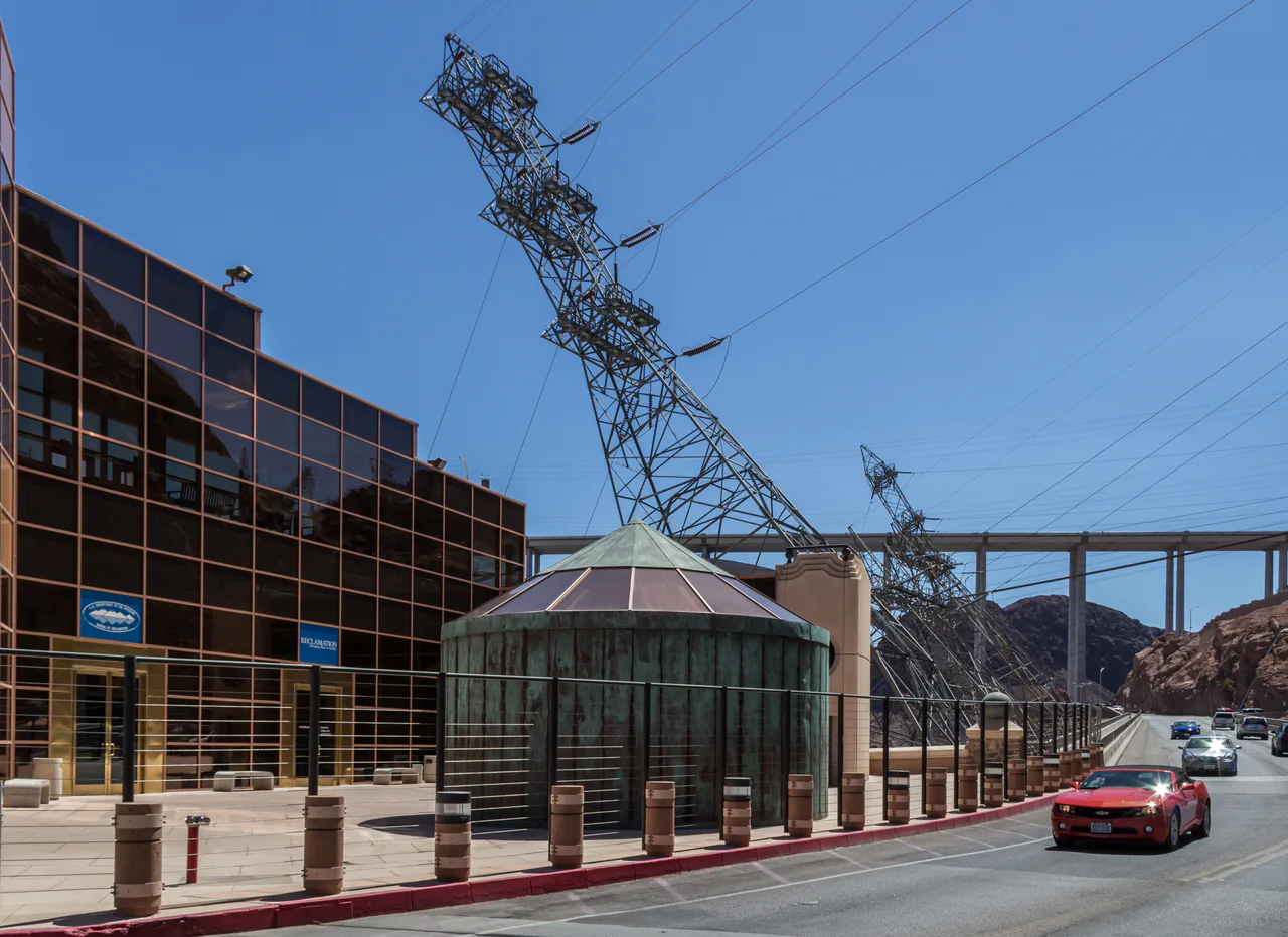 The Hoover Dam visitor center and dam crest on the Nevada side above the Colorado River