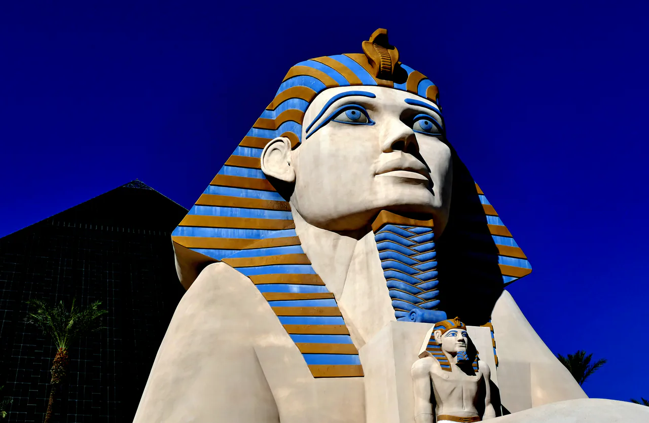The replica Great Sphinx and black glass pyramid of the Luxor hotel on the south Las Vegas Strip