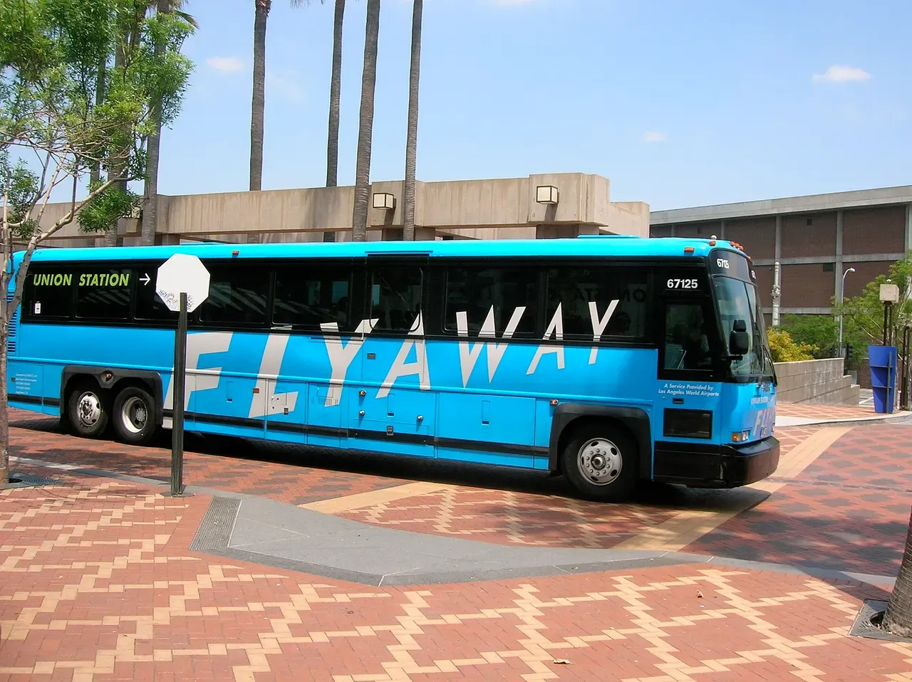 FlyAway buses lined up at the Union Station transit plaza in Los Angeles