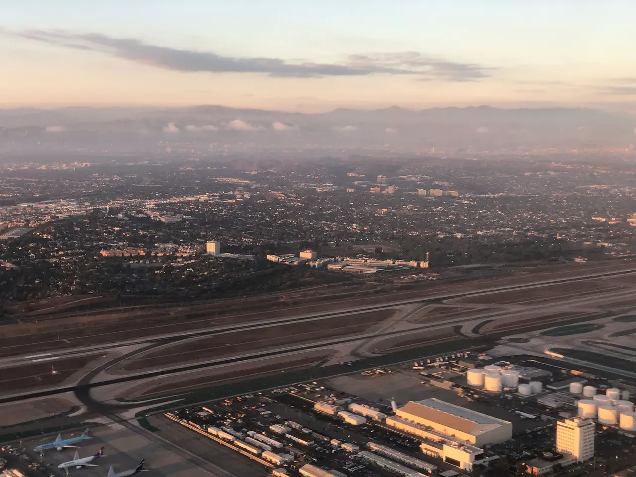 Aerial view of Los Angeles International Airport terminals just after takeoff