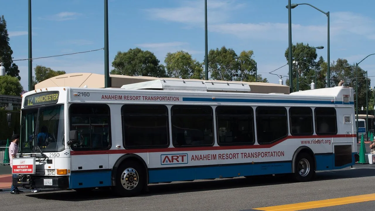 An Anaheim Resort Transportation shuttle bus on the street in Anaheim