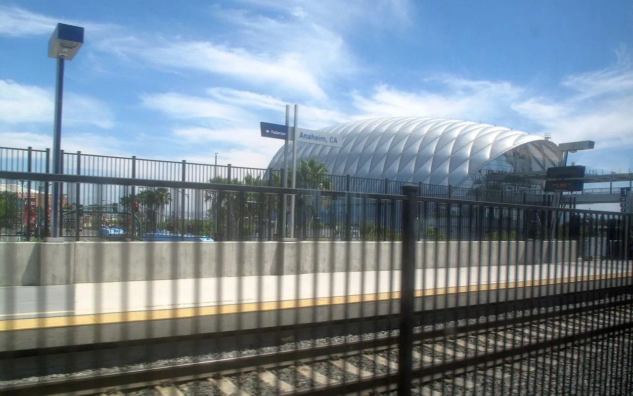 The curved lattice roof of the ARTIC transit center in Anaheim, California