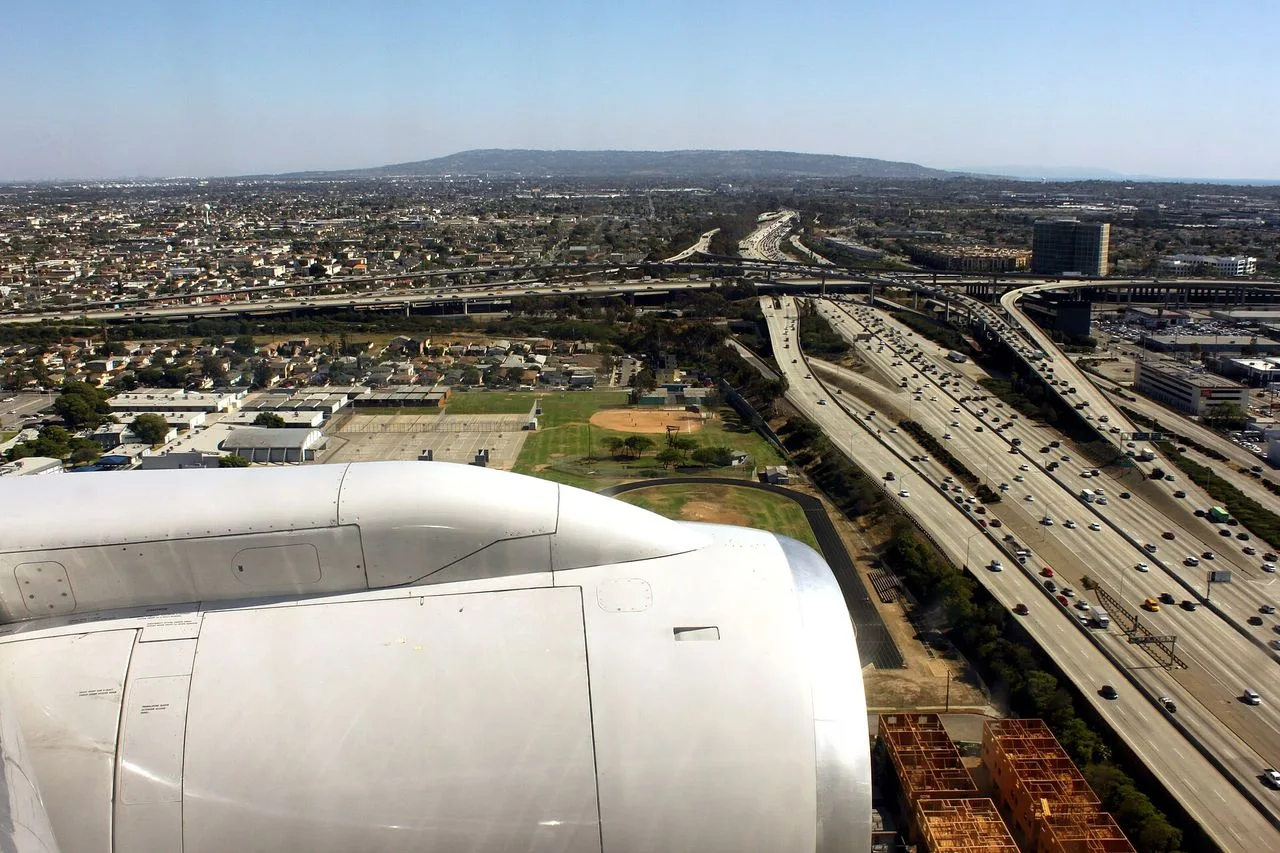 Traffic on the 405 and 105 freeway interchange near Los Angeles International Airport