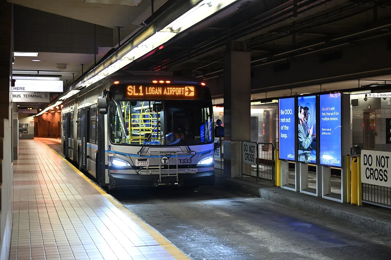 MBTA Silver Line SL1 bus arriving at South Station in downtown Boston