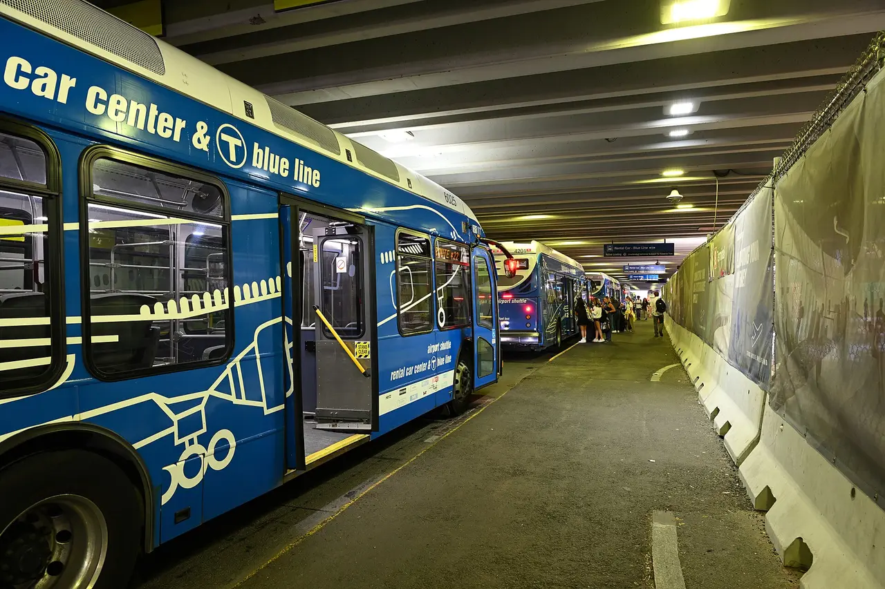 Massport shuttle buses waiting at Terminal B at Boston Logan Airport