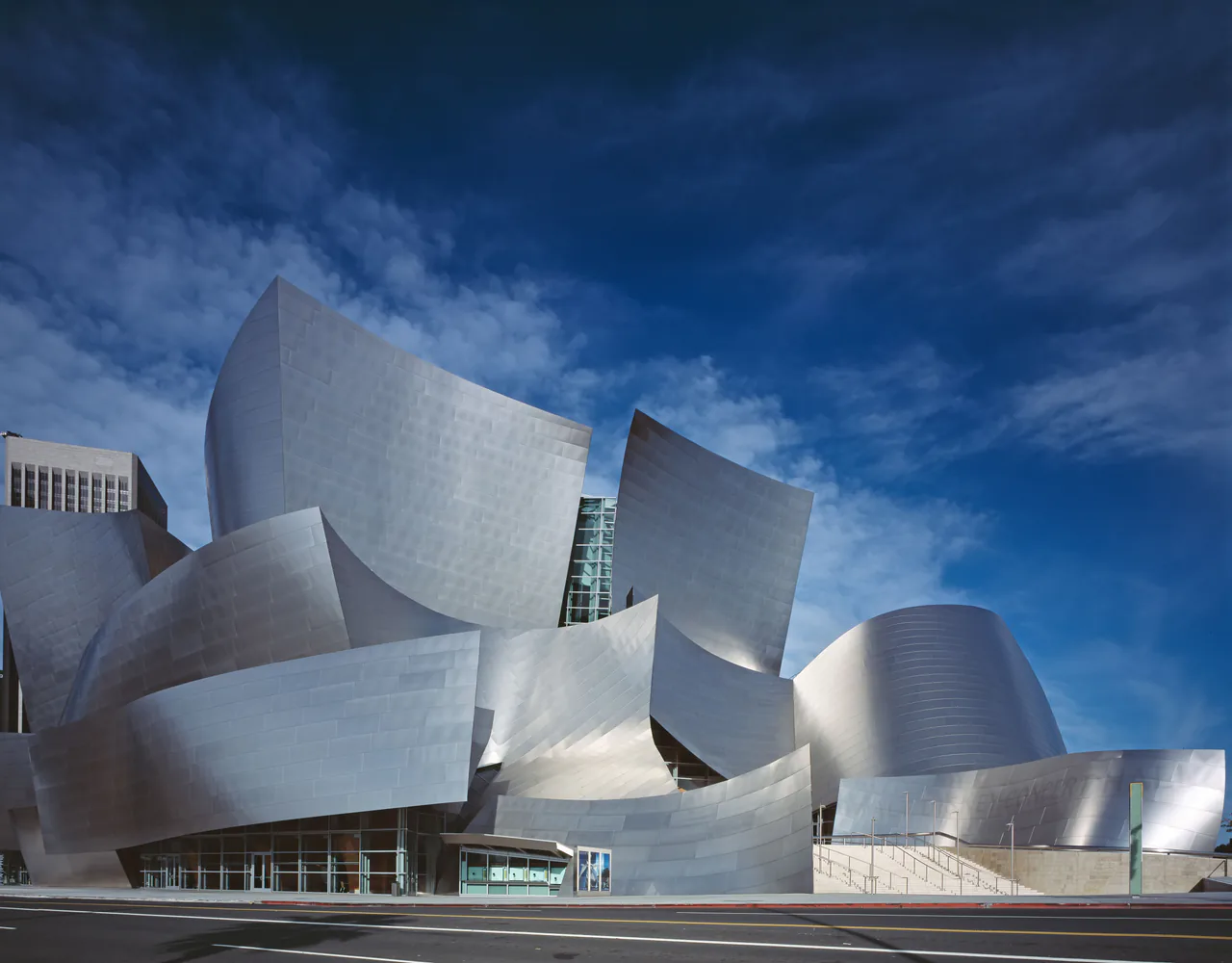 The curved stainless steel exterior of the Walt Disney Concert Hall in downtown Los Angeles