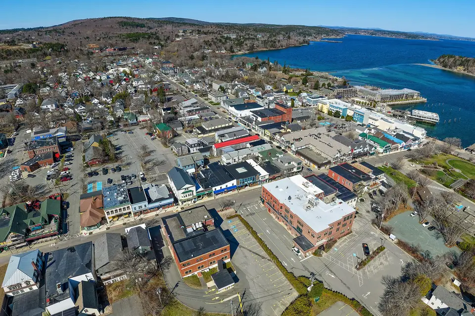 Bar Harbor waterfront and downtown streets with islands beyond