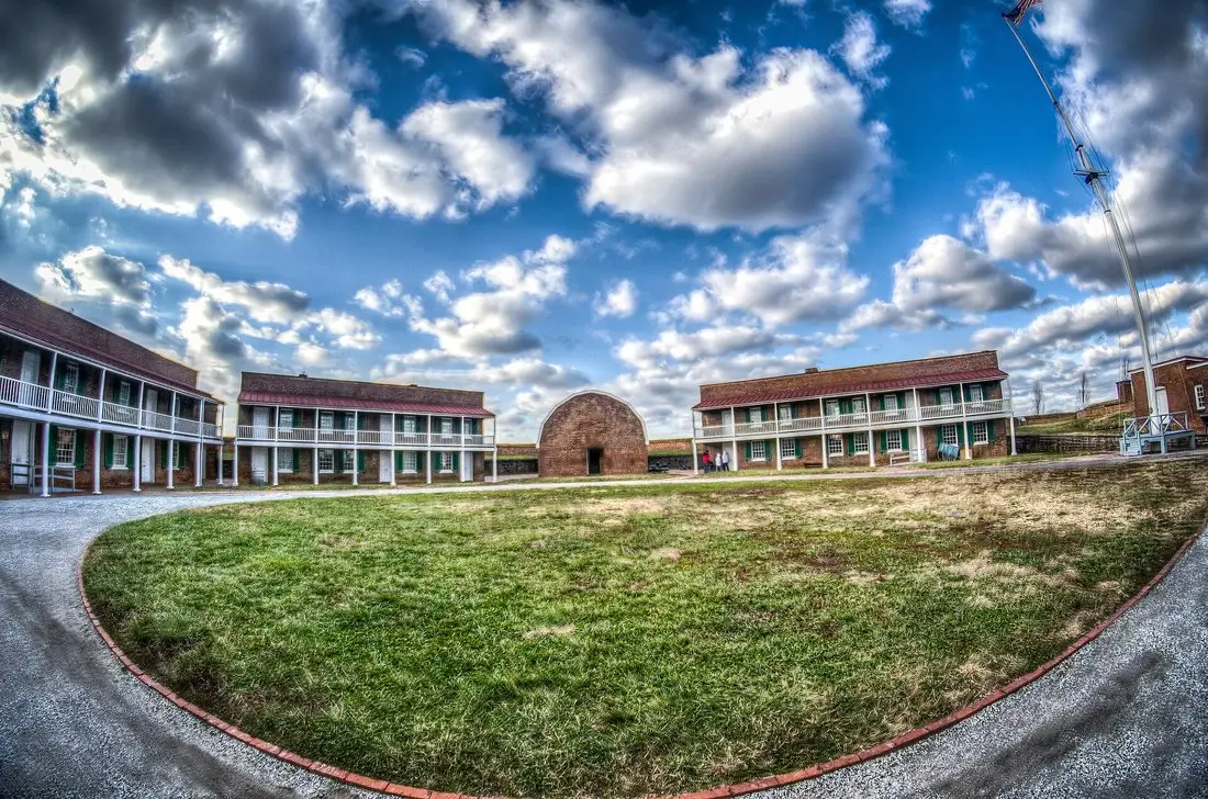 Brick walls and ramparts of Fort McHenry overlooking the harbor in Baltimore