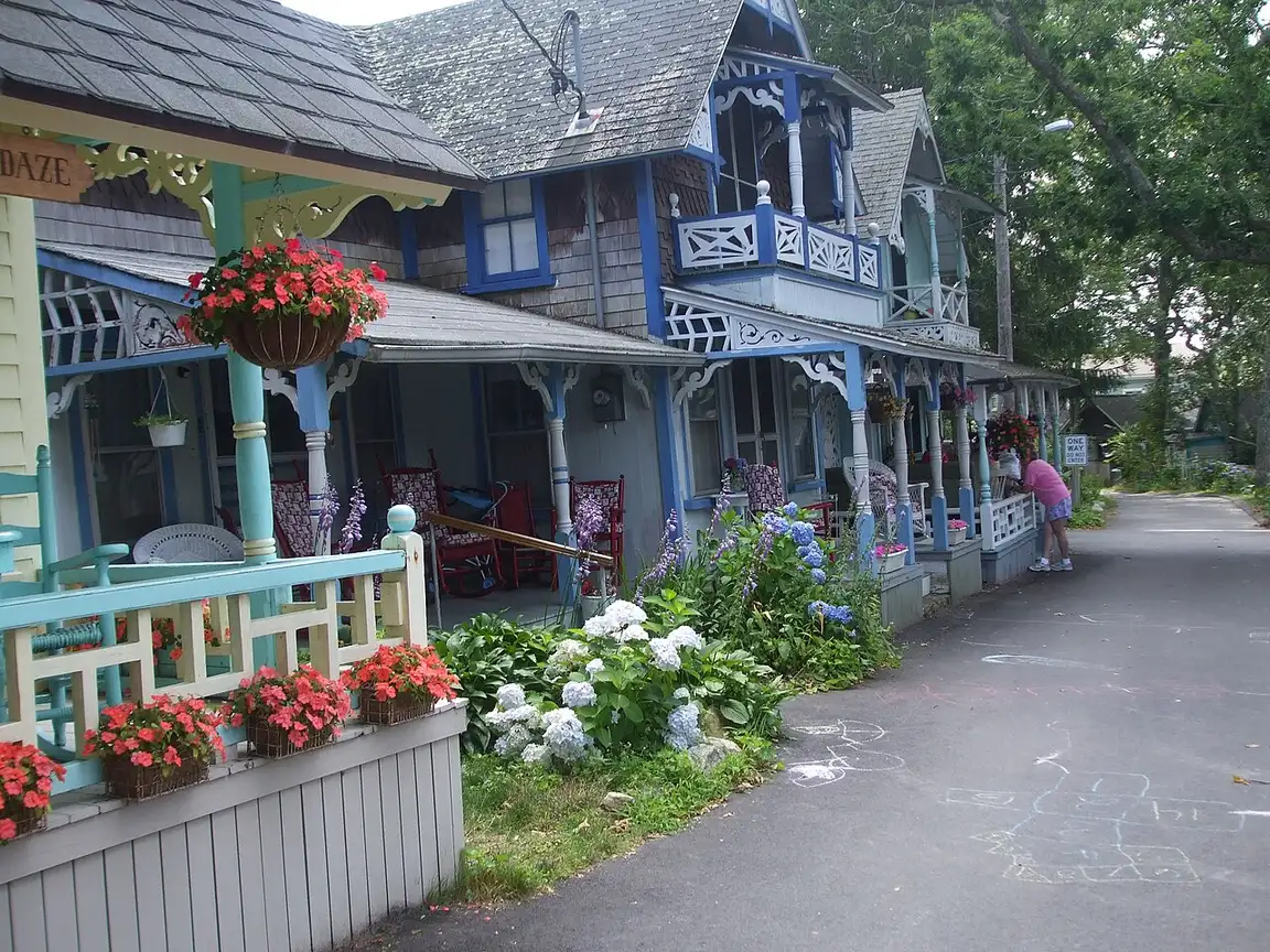 A row of brightly painted gingerbread cottages in Oak Bluffs on Martha's Vineyard