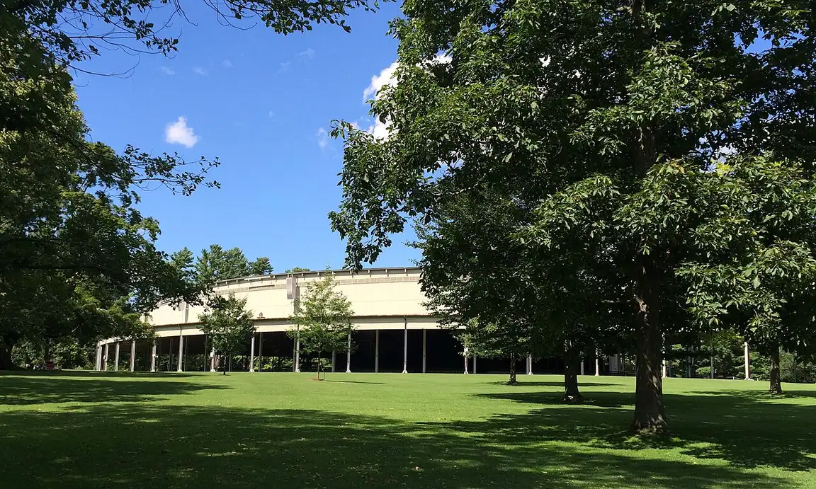 The open-sided Koussevitzky Music Shed at Tanglewood in Lenox seen across the lawn