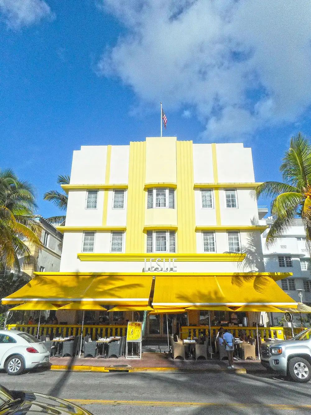 The pastel Leslie Hotel facade on Ocean Drive in South Beach