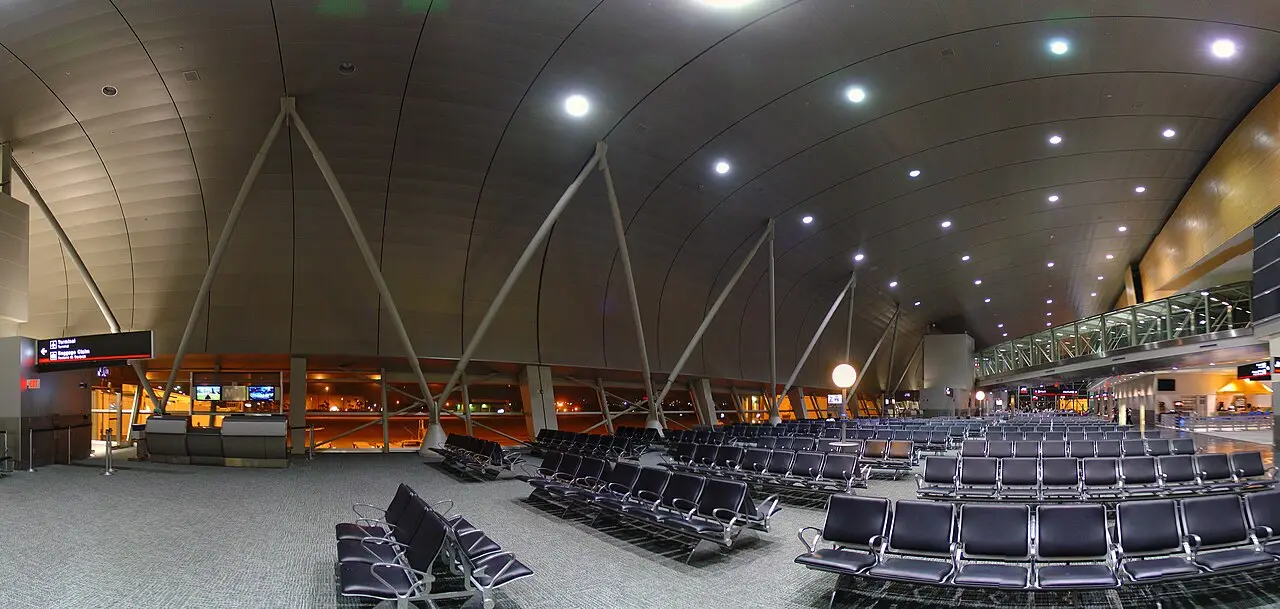 Wide exterior view of Miami International Airport buildings and roadways