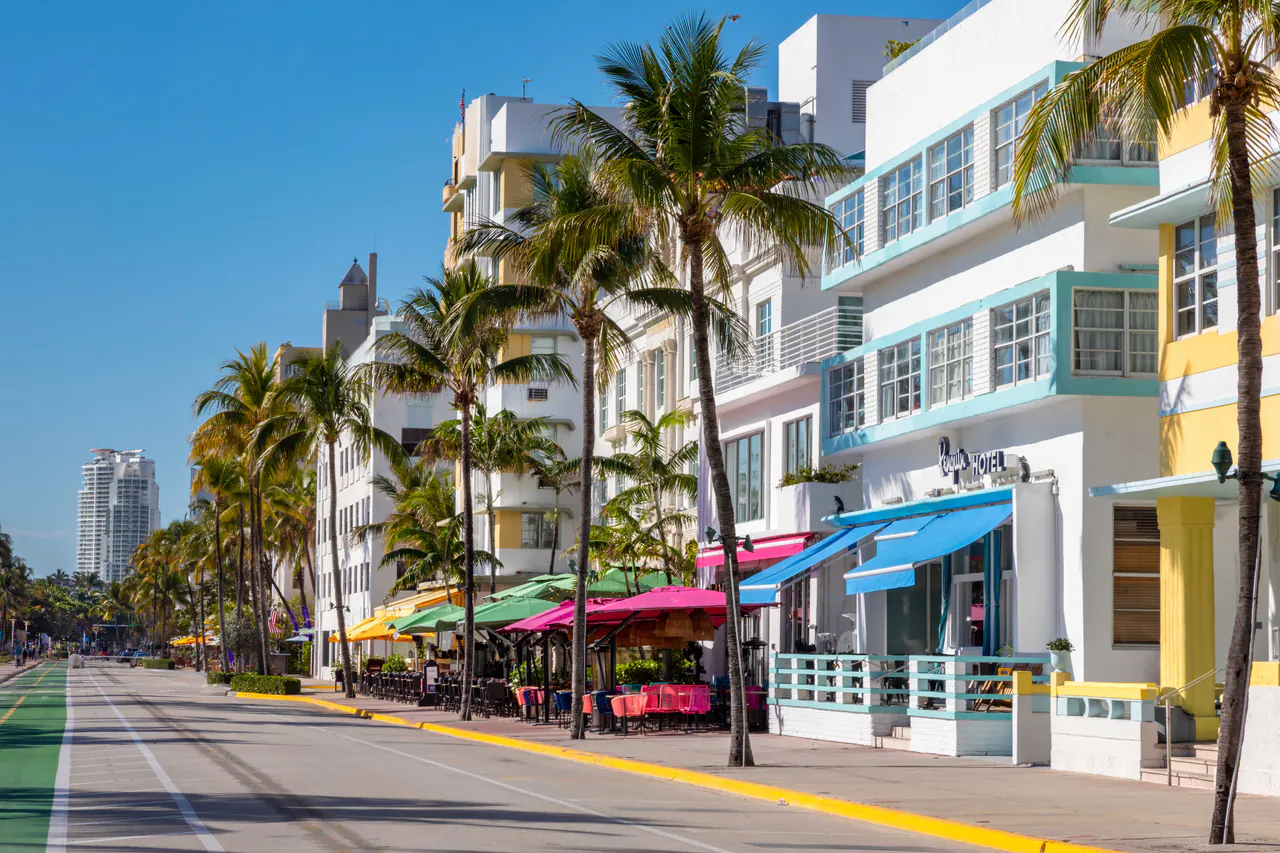 Pastel Art Deco hotels lining Ocean Drive in the Miami Beach Art Deco Historic District