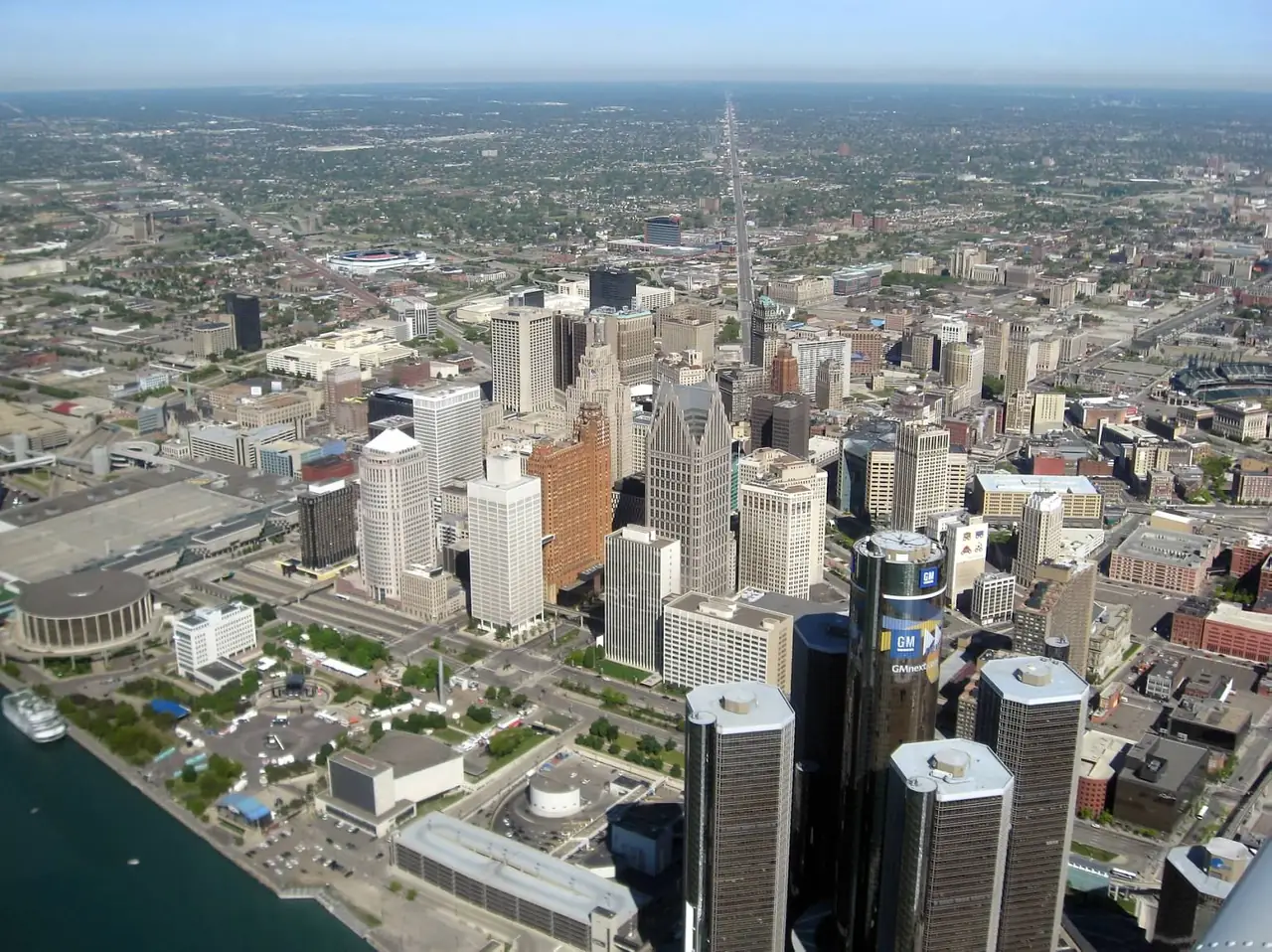Aerial view of downtown Detroit and the Renaissance Center on the Detroit River