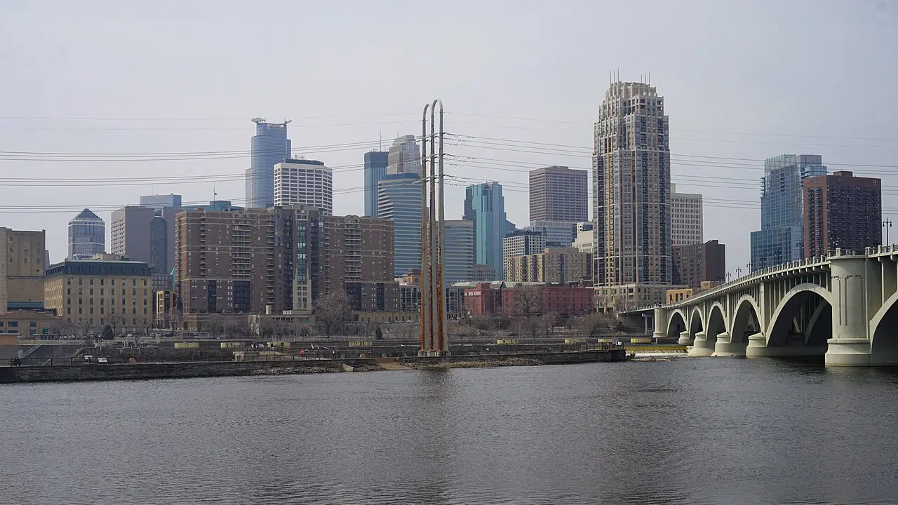 The Minneapolis skyline and Mississippi River seen from the east bank in spring