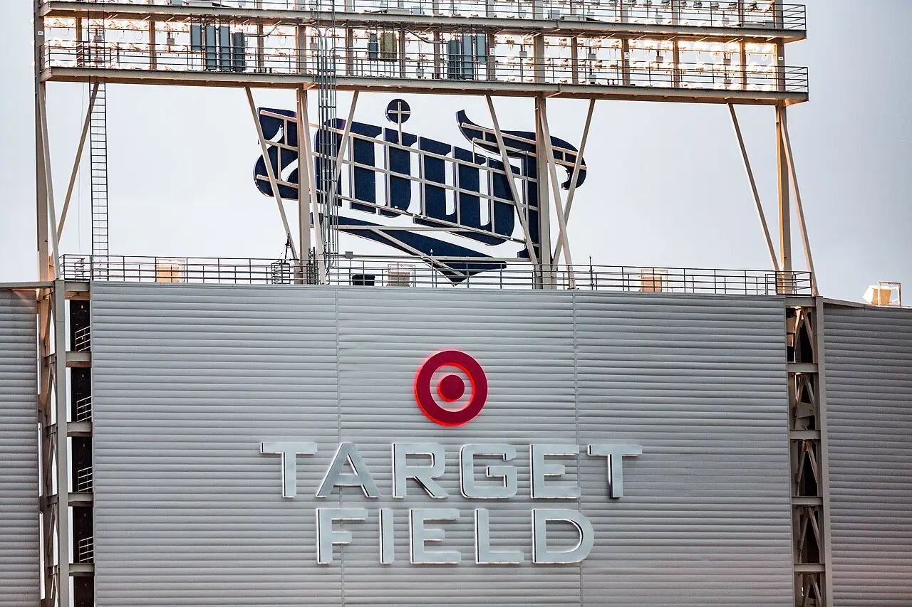 Target Field stadium in downtown Minneapolis with the city skyline behind