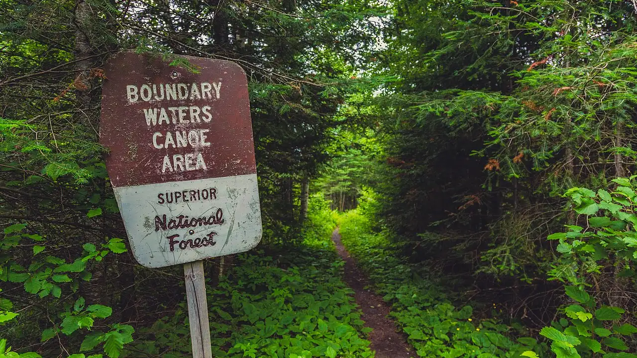 A portage trail sign in the Boundary Waters Canoe Area Wilderness in northern Minnesota