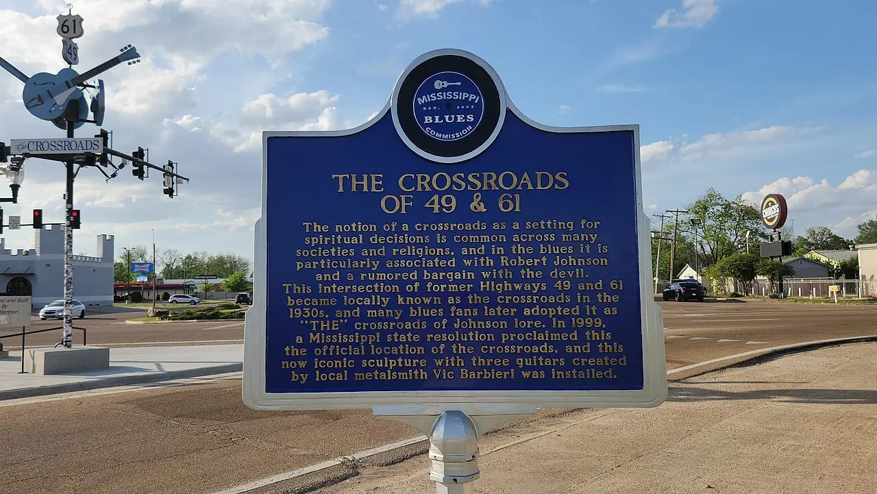 Mississippi Blues Trail marker at the Highways 49 and 61 crossroads near Clarksdale