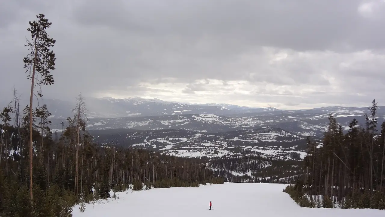 Ski runs and timbered ridges on Lone Mountain at Big Sky, Montana, in late winter