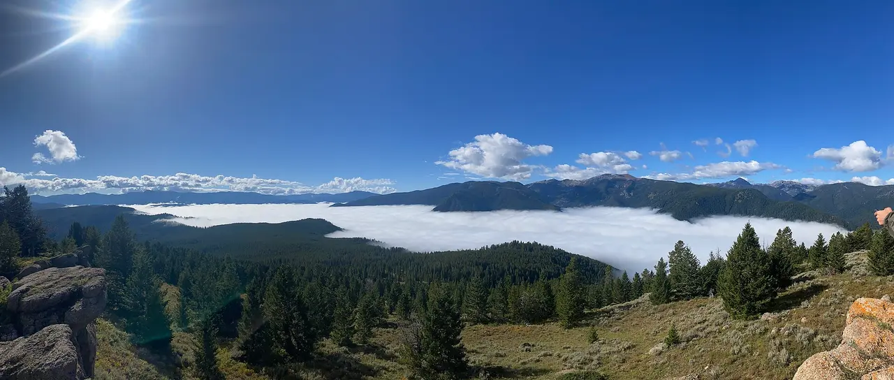 Temperature inversion filling Gallatin Canyon with a flat white cloud sea, forested ridges above, seen from a rocky slope