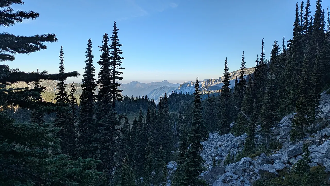 Ridges and snowfields looking northeast across Mount Rainier National Park from Old Desolate