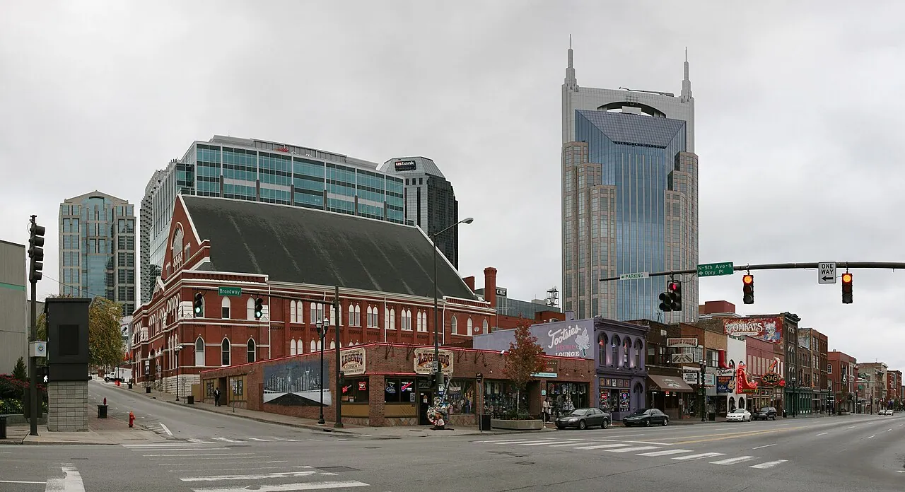 Downtown Nashville at the corner of Broadway and Opry Place with the Ryman Auditorium behind