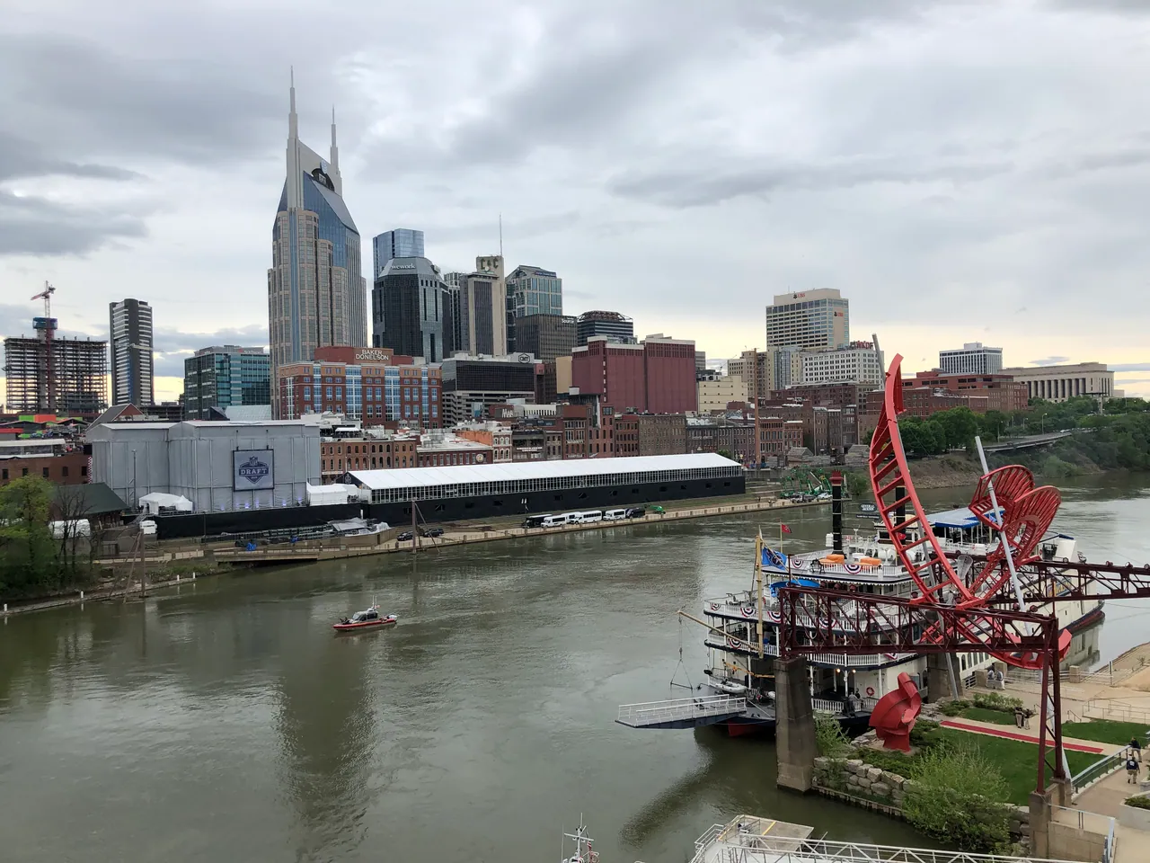 Downtown Nashville and the Cumberland River seen from the John Seigenthaler Pedestrian Bridge