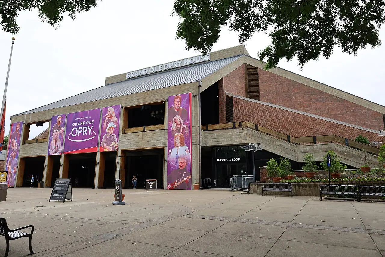 The exterior of the Grand Ole Opry House in Nashville with its brick facade