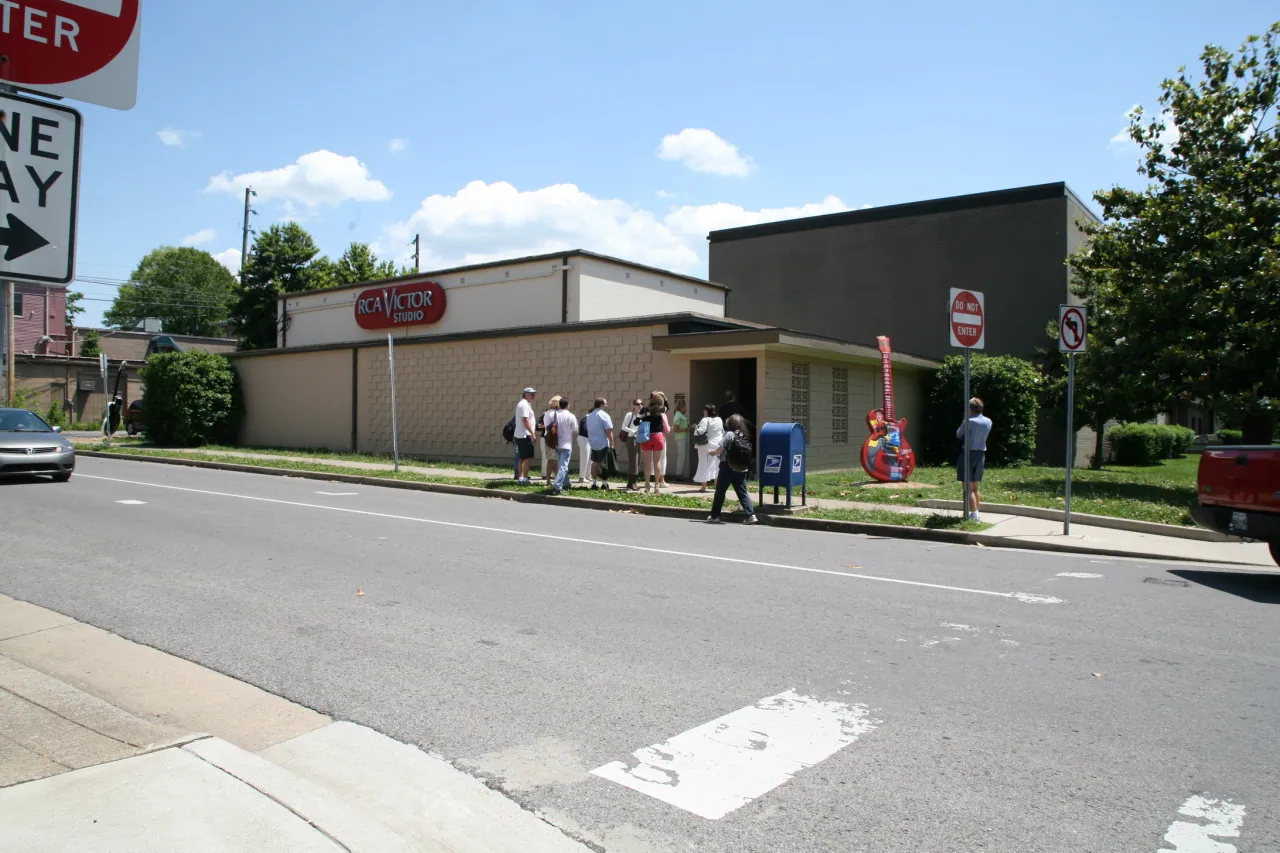 The plain brick exterior of historic RCA Studio B on Music Row in Nashville