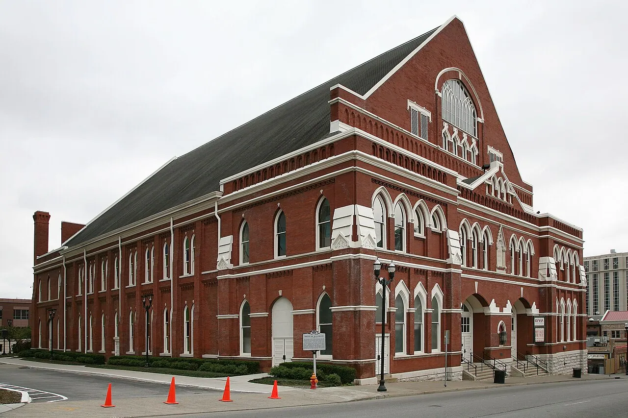 The red-brick Ryman Auditorium in downtown Nashville seen from the street