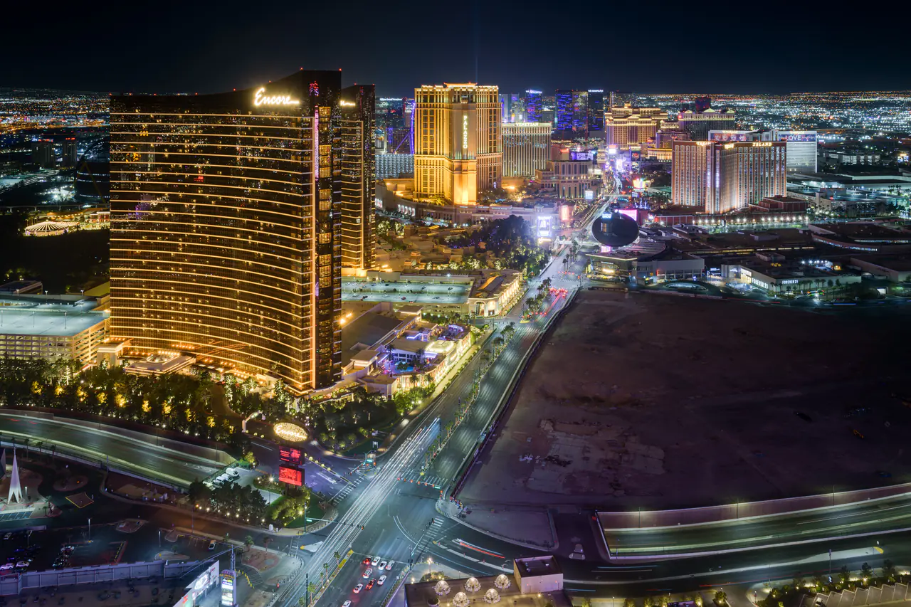 The Las Vegas Strip skyline at dusk seen from the north with casino towers along Las Vegas Boulevard