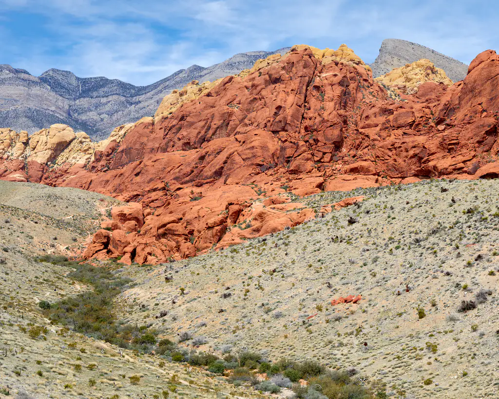 The banded red and cream Calico Hills seen from the Scenic Loop Drive at Red Rock Canyon near Las Vegas