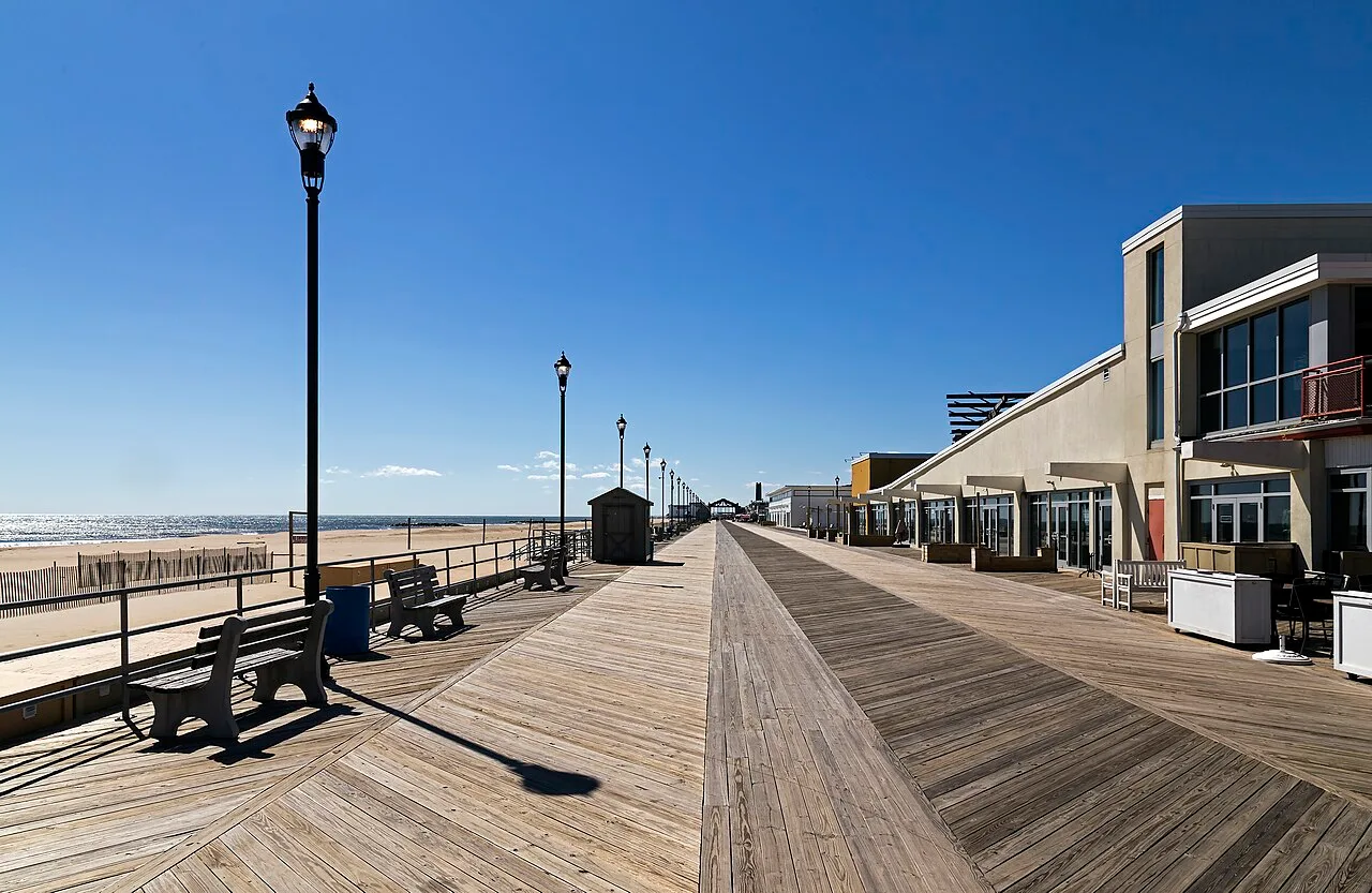 The Asbury Park boardwalk with its brick pavilions and the beach beyond