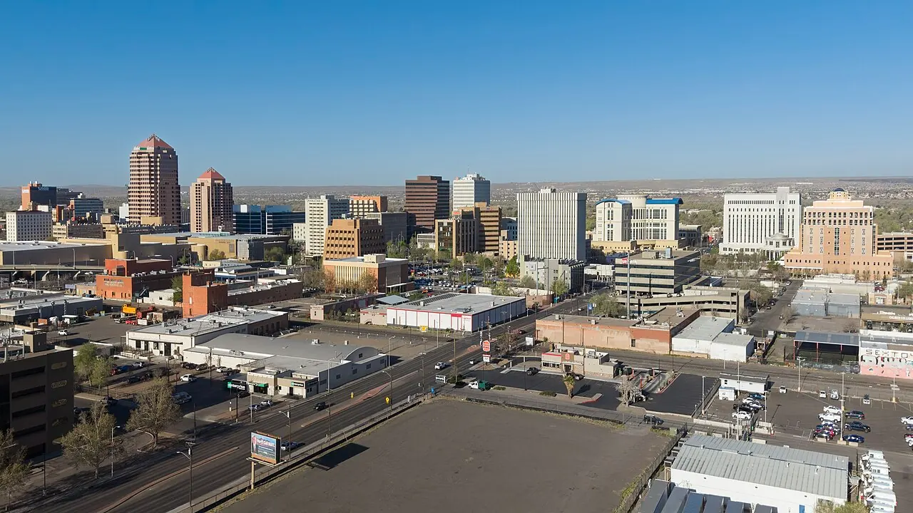 The Albuquerque skyline against Sandia Mountains