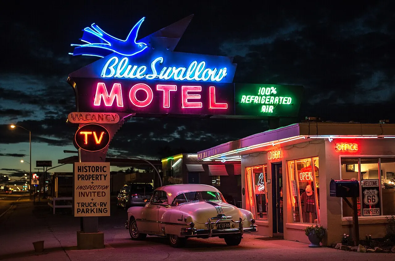 Neon and vintage cars at the Blue Swallow Motel in Tucumcari, New Mexico