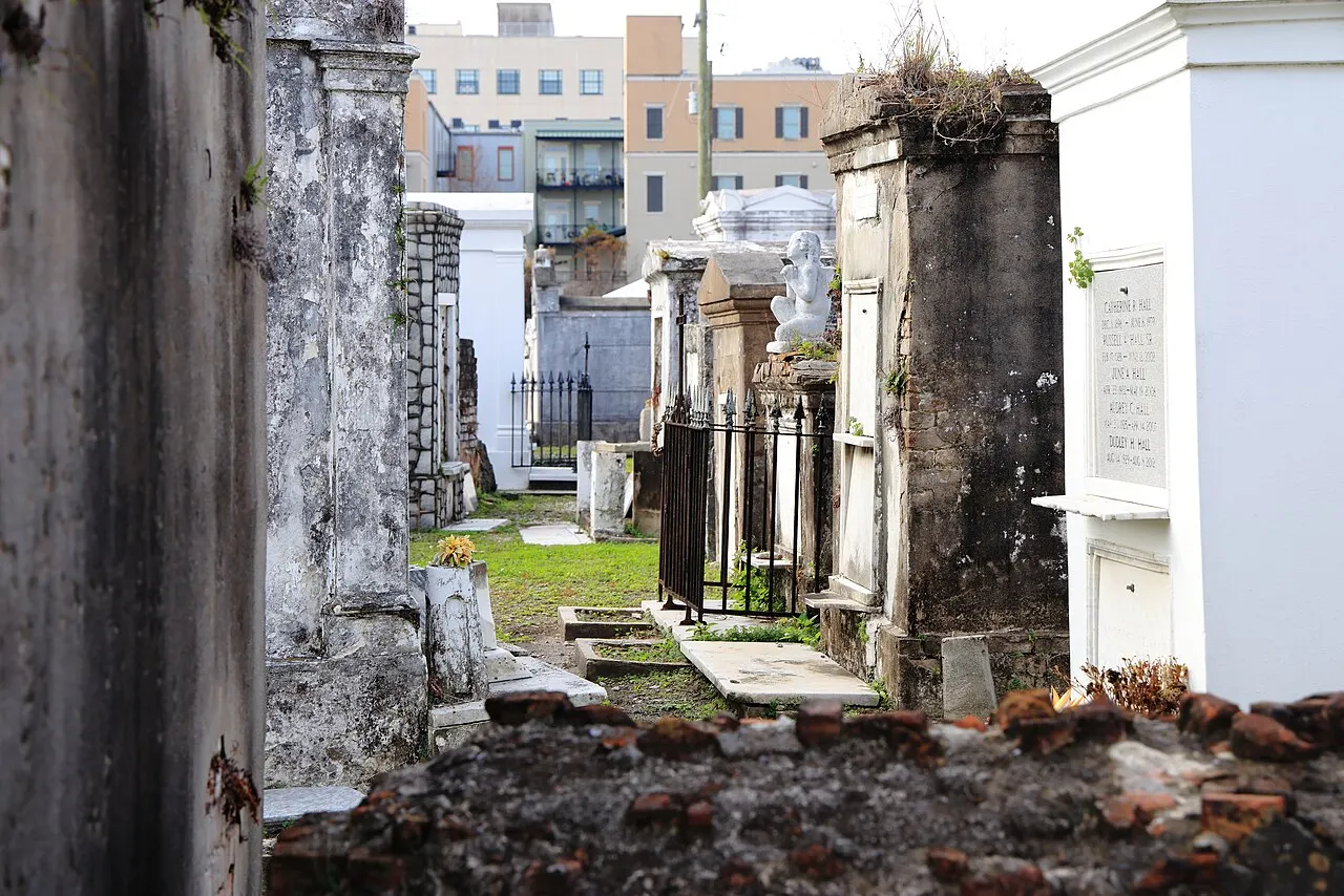 Whitewashed above-ground tombs in St. Louis Cemetery No. 1 in New Orleans
