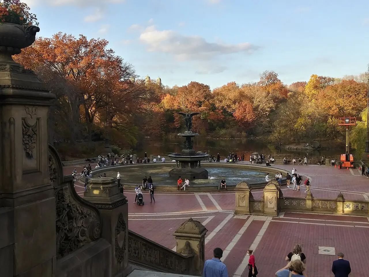 Bethesda Terrace and its fountain in Central Park with fall color in the trees